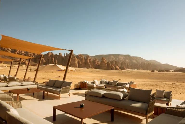 Luxury glamping tent with views of AlUla rock formations