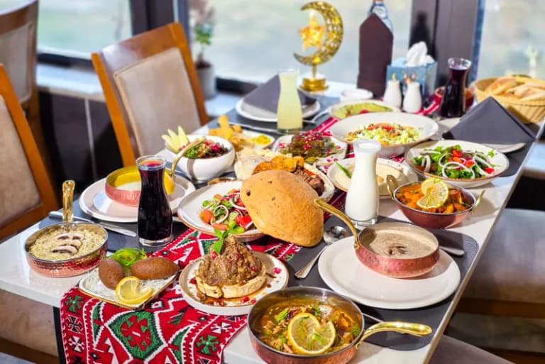 Middle Eastern dishes spread on a table for a festive meal