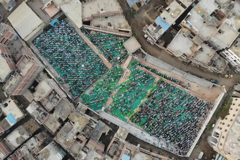 Aerial view of a large Eid prayer gathering
