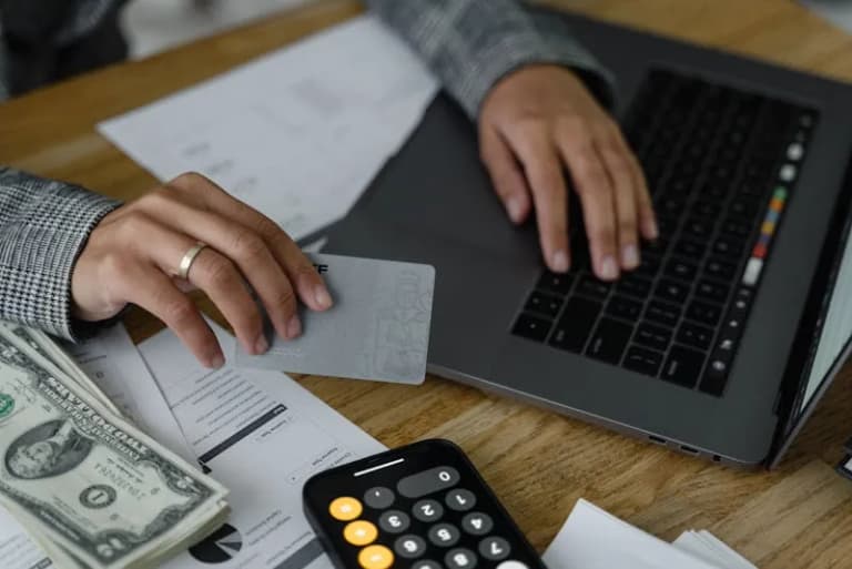 Person checking financial records on laptop with credit card