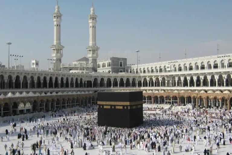 Pilgrims performing Tawaf around the Kaaba in Masjid al-Haram